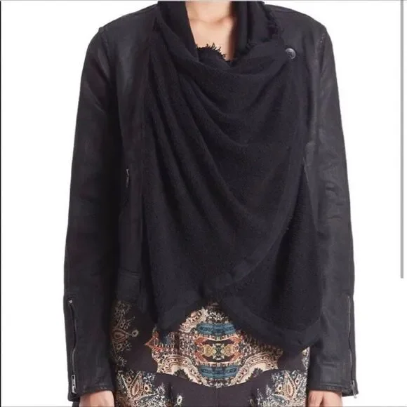 Free People Black Moto Jacket Coat Size 2 Front Drape Coated Denim Jean
